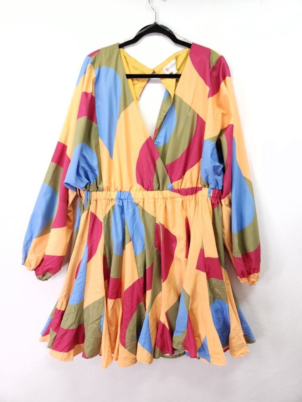 Latiste By Amy Swing Mini Dress Plus 3X Abstract Print Pleated Balloon Sleeve